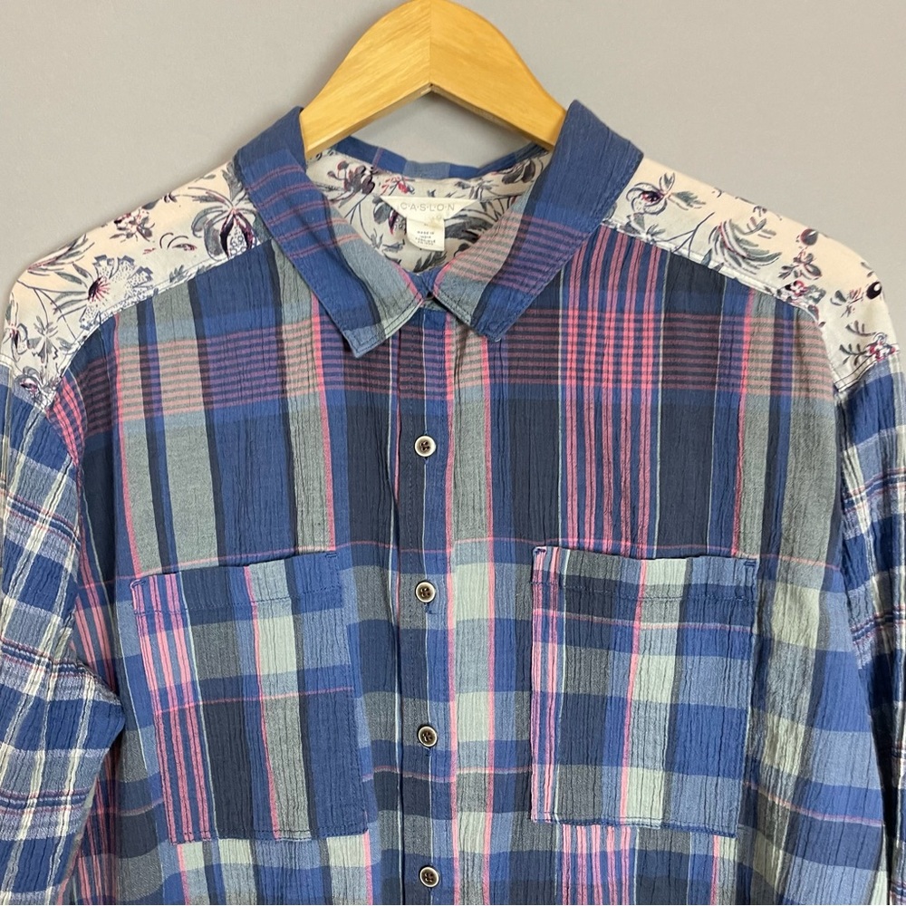 Caslon Blouse Button-Up Patchwork Style Gauzy Medium Shirt Top Blue Long Sleeves